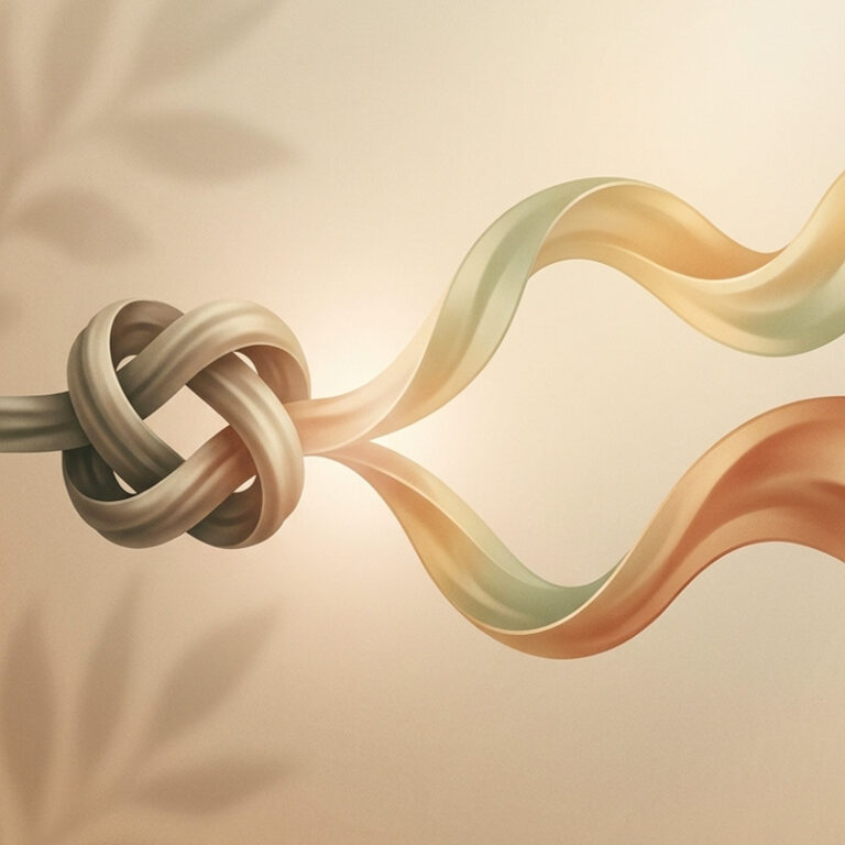 Une métaphore visuelle abstraite d'un nœud rigide qui se délie en un ruban fluide et lumineux, illustrant comment le yoga libère les tensions et la raideur corporelle sans prérequis de souplesse.