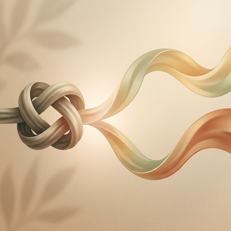 Une métaphore visuelle abstraite d'un nœud rigide qui se délie en un ruban fluide et lumineux, illustrant comment le yoga libère les tensions et la raideur corporelle sans prérequis de souplesse.