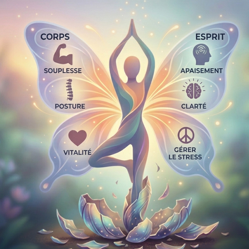 Illustration conceptuelle de la métamorphose du corps et de l'esprit par le Hatha Yoga