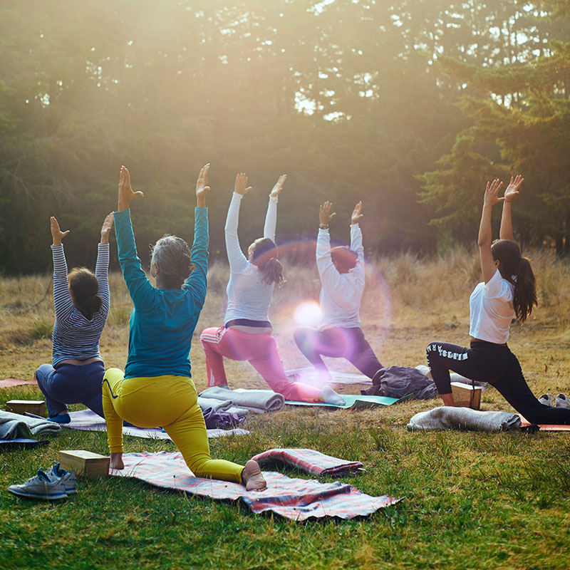 Groupe de pratiquants réalisant des postures de yoga en plein air